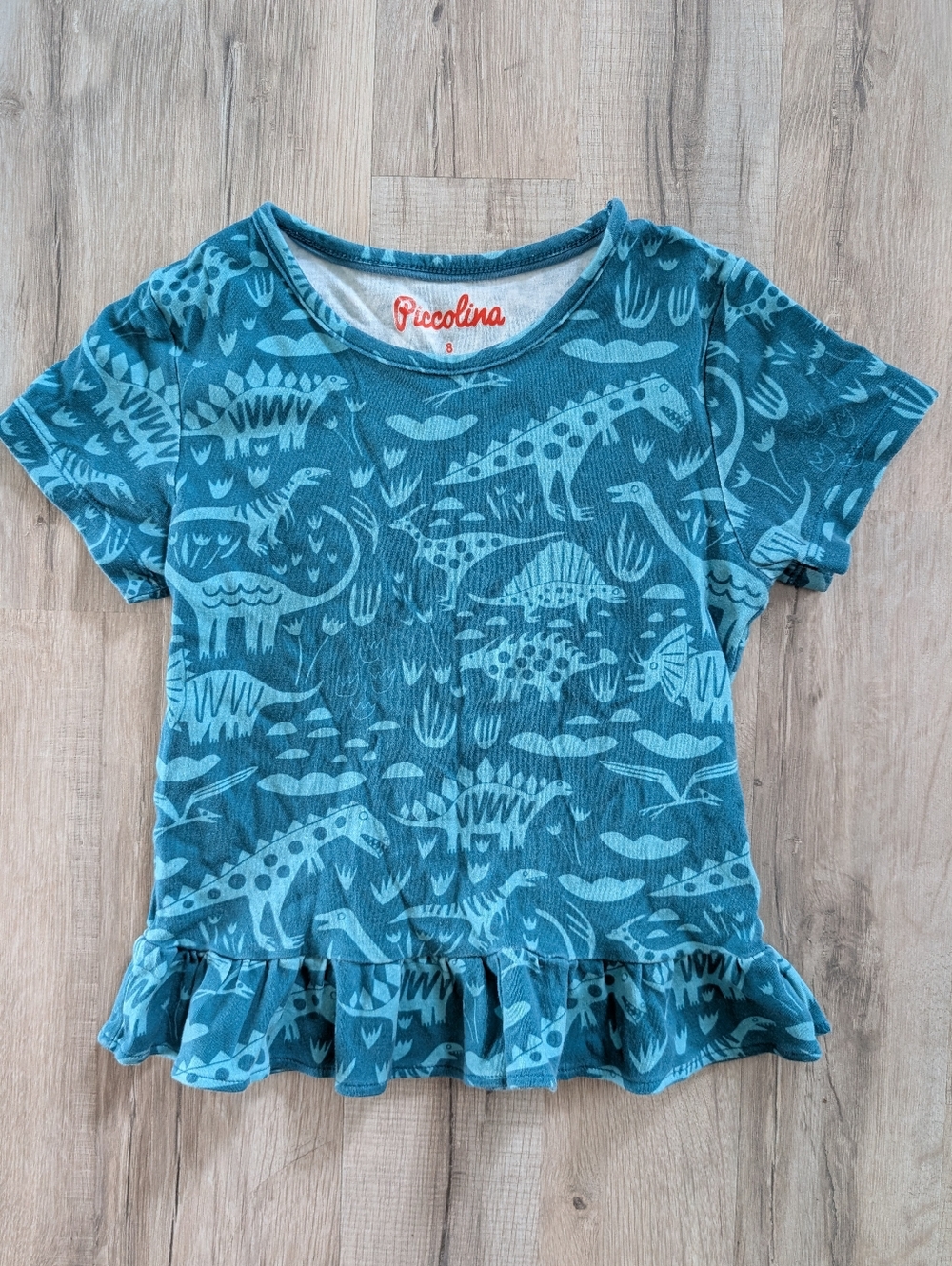 Piccolina Teal Dino Ruffle Hem Kids Top, 8Y (V8)